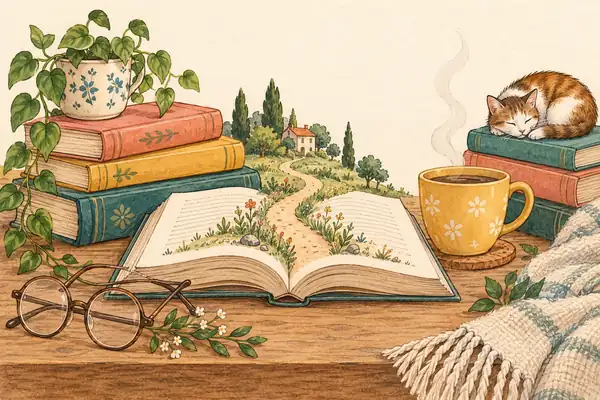Cozy illustrated books, reading glasses and coffee, with a winding path emerging from an open book