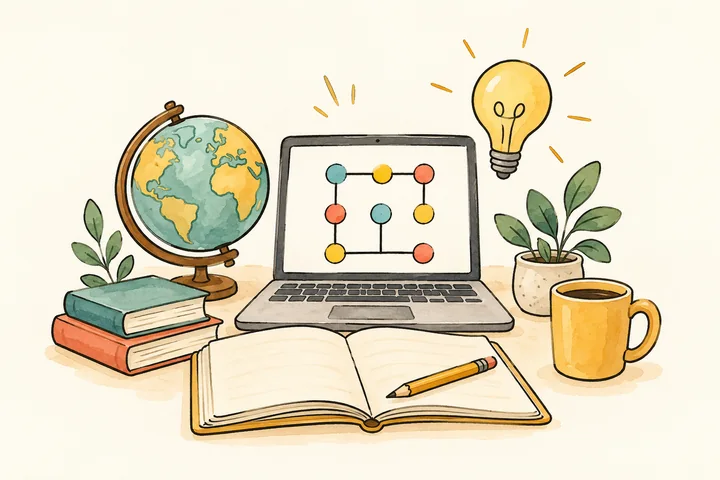 Hand-drawn laptop, notebook, globe, lightbulb and coffee mug on a cozy desk