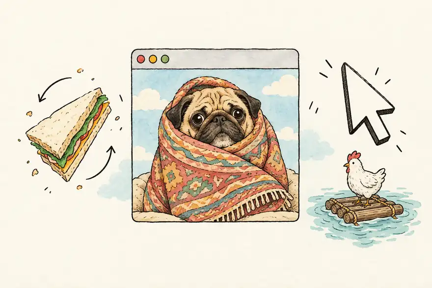 Hand-drawn browser window with a pug in a rug, a rotating sandwich, a mouse pointer and a chicken on a raft